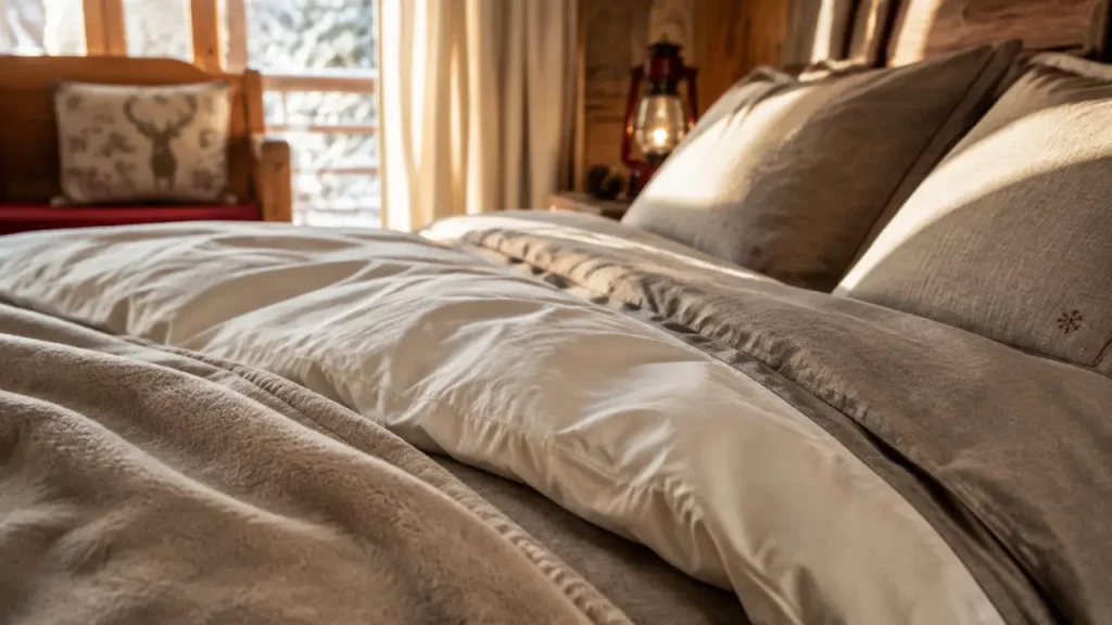 Linge de maison montagne : parure ivoire, flanelle et plaid dans une chambre-cabane