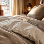 Linge de maison montagne : parure ivoire, flanelle et plaid dans une chambre-cabane