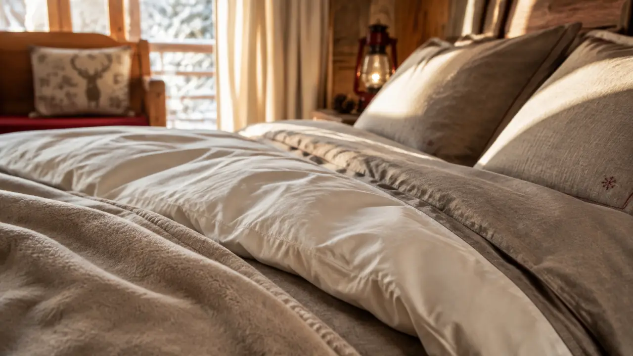 Linge de maison montagne : parure ivoire, flanelle et plaid dans une chambre-cabane