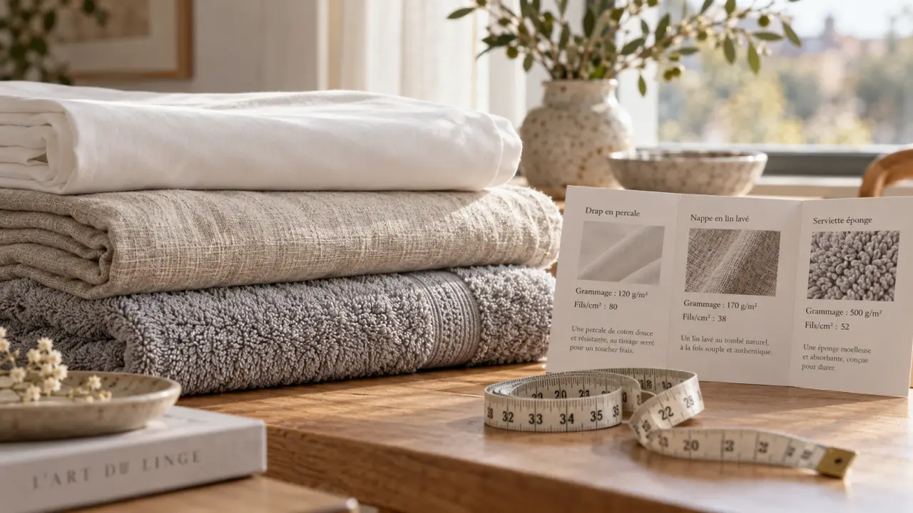 Linge de maison qualité : percale, lin lavé et éponge sur table bois clair
