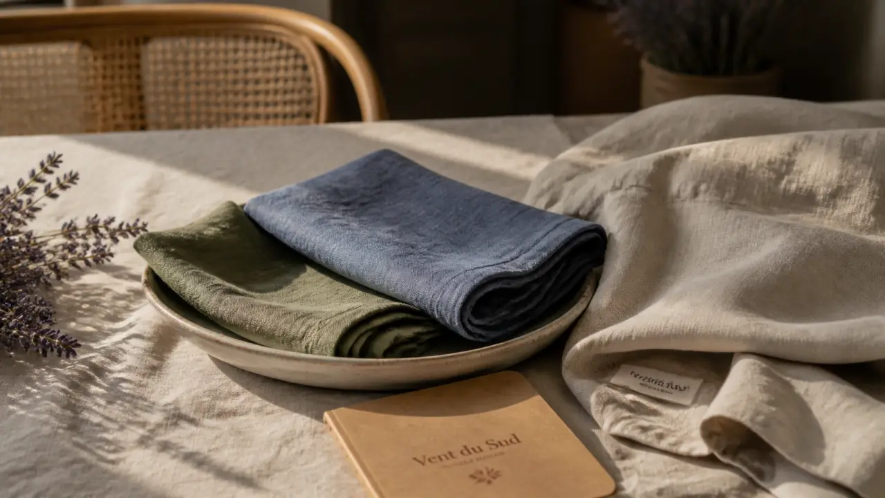 Linge de maison Vent du Sud : coton lavé beige et lin naturel écru, torchons en lin vert sauge et bleu provençal