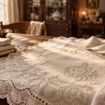 Maison du linge ancien : nappe en lin damassé brodée, serviettes pliées