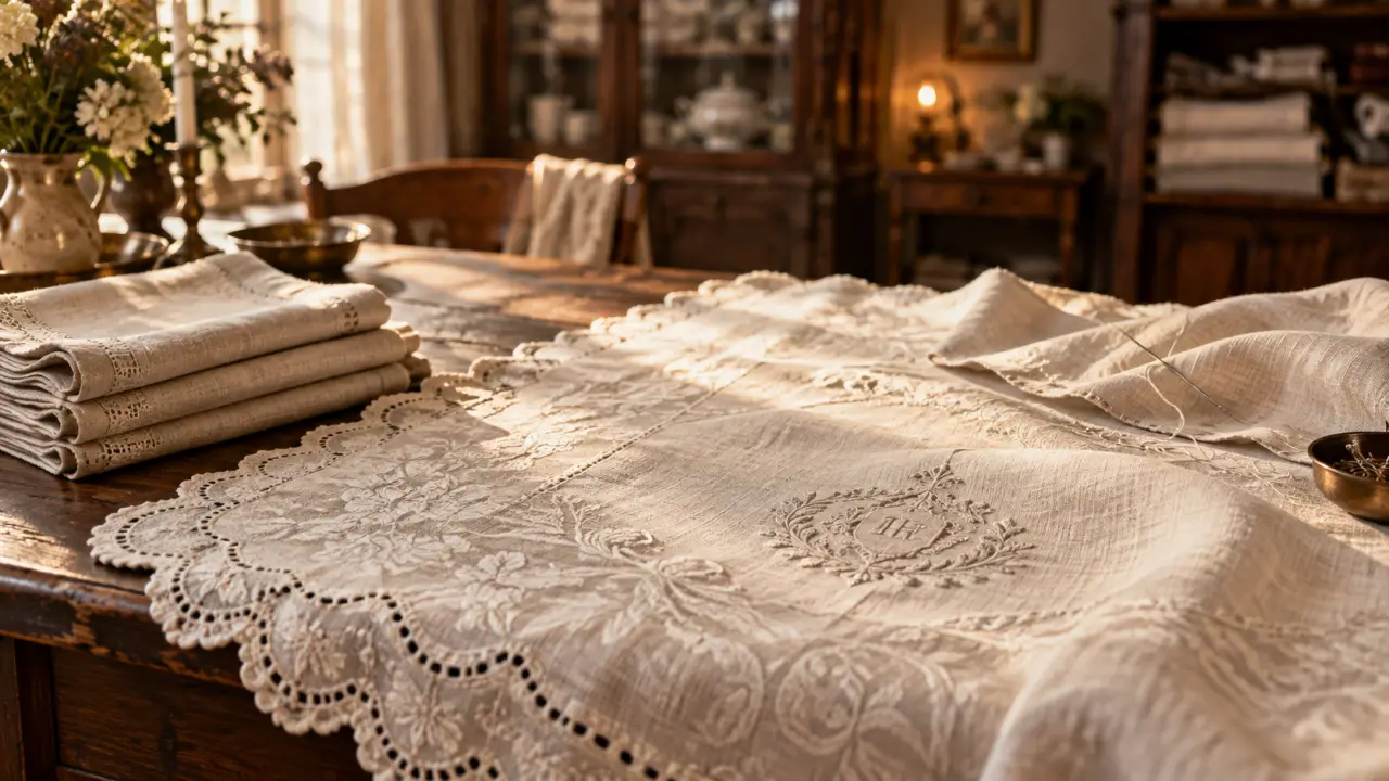 Maison du linge ancien : nappe en lin damassé brodée, serviettes pliées