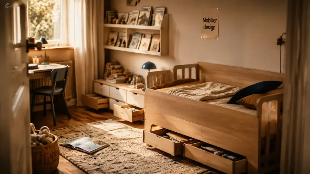Mobilier enfant design : lit évolutif en bois clair, bureau et rangements