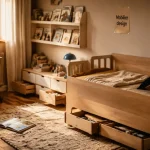 Mobilier enfant design : lit évolutif en bois clair, bureau et rangements