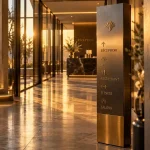 Signalétique hôtel luxe : totem inox et laiton avec pictogrammes