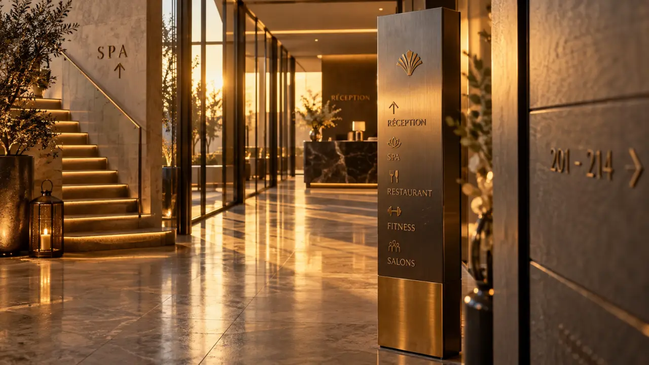 Signalétique hôtel luxe : totem inox et laiton avec pictogrammes