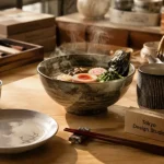 Tokyo design vaisselle sur table japonaise : bols fumants, coffret, baguettes