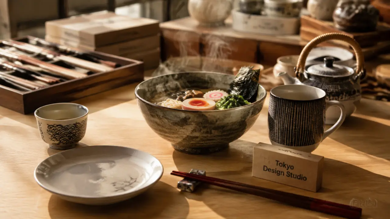 Tokyo design vaisselle sur table japonaise : bols fumants, coffret, baguettes