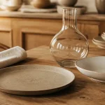 Vaisselle design : assiettes en grès et porcelaine sur table