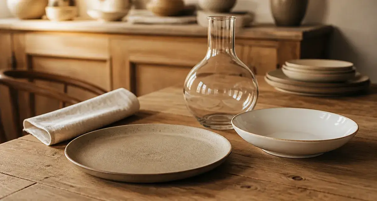 Vaisselle design : assiettes en grès et porcelaine sur table