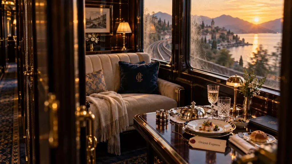 Voyage en train de luxe Europe, cabine vitrée Orient-Express et rail au golden hour
