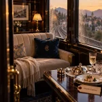 Voyage en train de luxe Europe, cabine vitrée Orient-Express et rail au golden hour