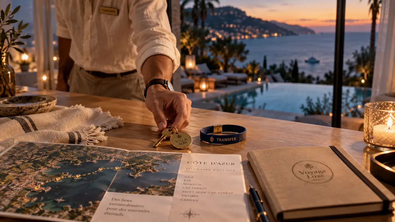 Voyage luxe : clé de villa et itinéraire premium sur table en bois, ambiance éditoriale