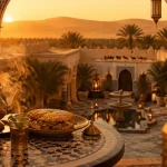 Voyage luxe maroc : thé à la menthe fumant, riad et dunes au coucher du soleil