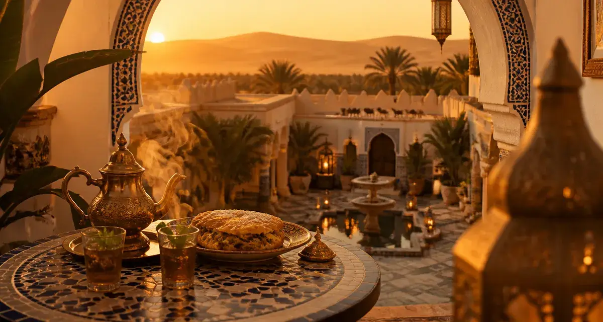 Voyage luxe maroc : thé à la menthe fumant, riad et dunes au coucher du soleil
