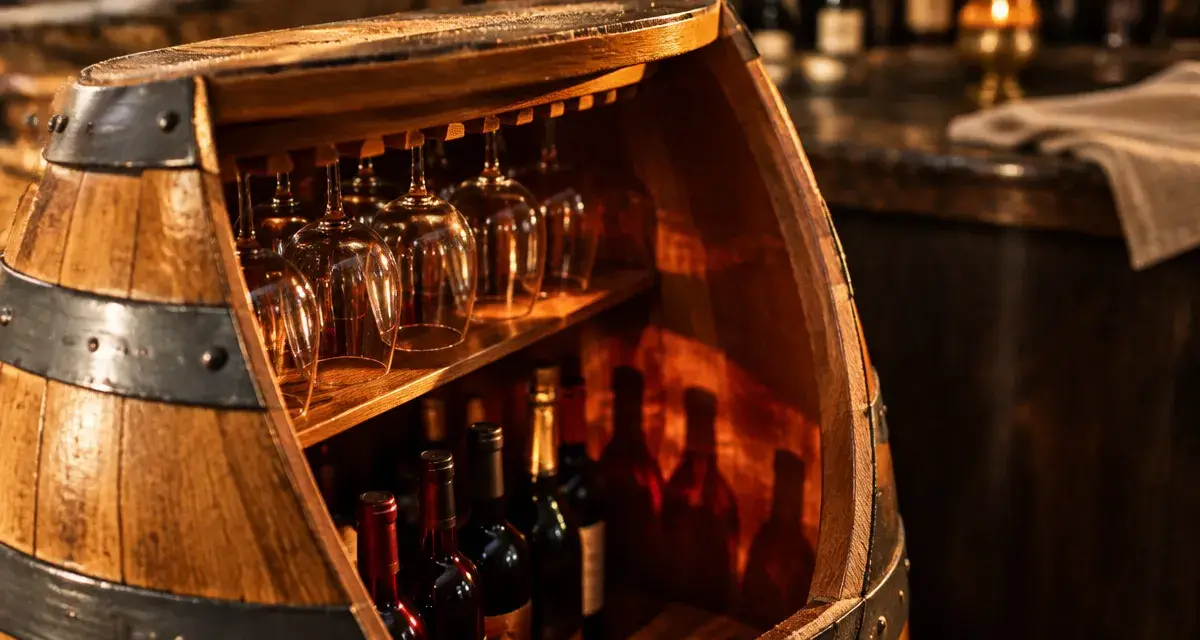 Bar tonneau en bois en chêne, barrique ouverte dans un salon