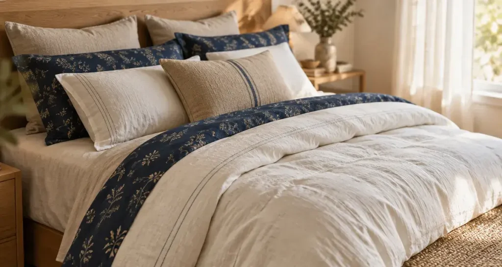 Carré Blanc linge de maison en lin, chambre avec mix de motifs bleu marine et beige