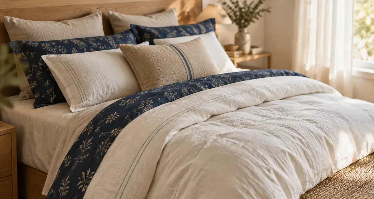 Carré Blanc linge de maison en lin, chambre avec mix de motifs bleu marine et beige