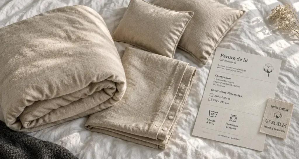 Carrefour linge de maison : couette beige et taies 63x63