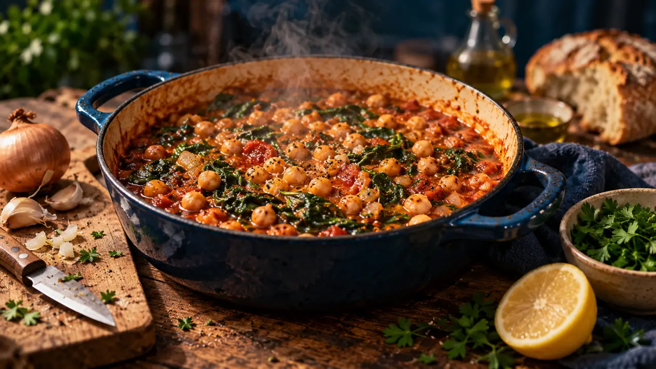Cuisine méditerranéenne : pois chiches mijotés aux tomates et épinards en sauteuse en fonte