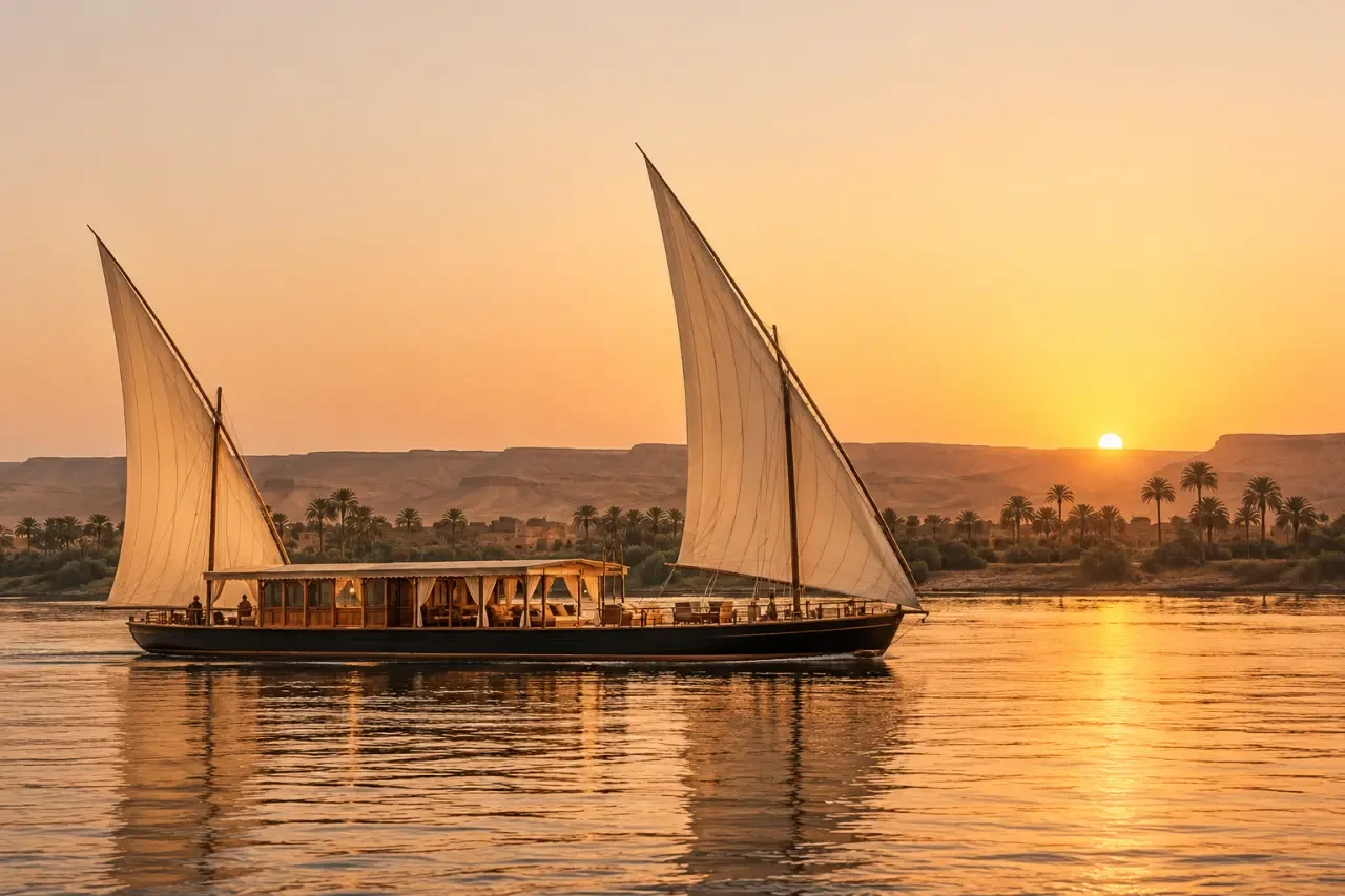 Voyage luxe Egypte en dahabieh privé sur le Nil au coucher du soleil
