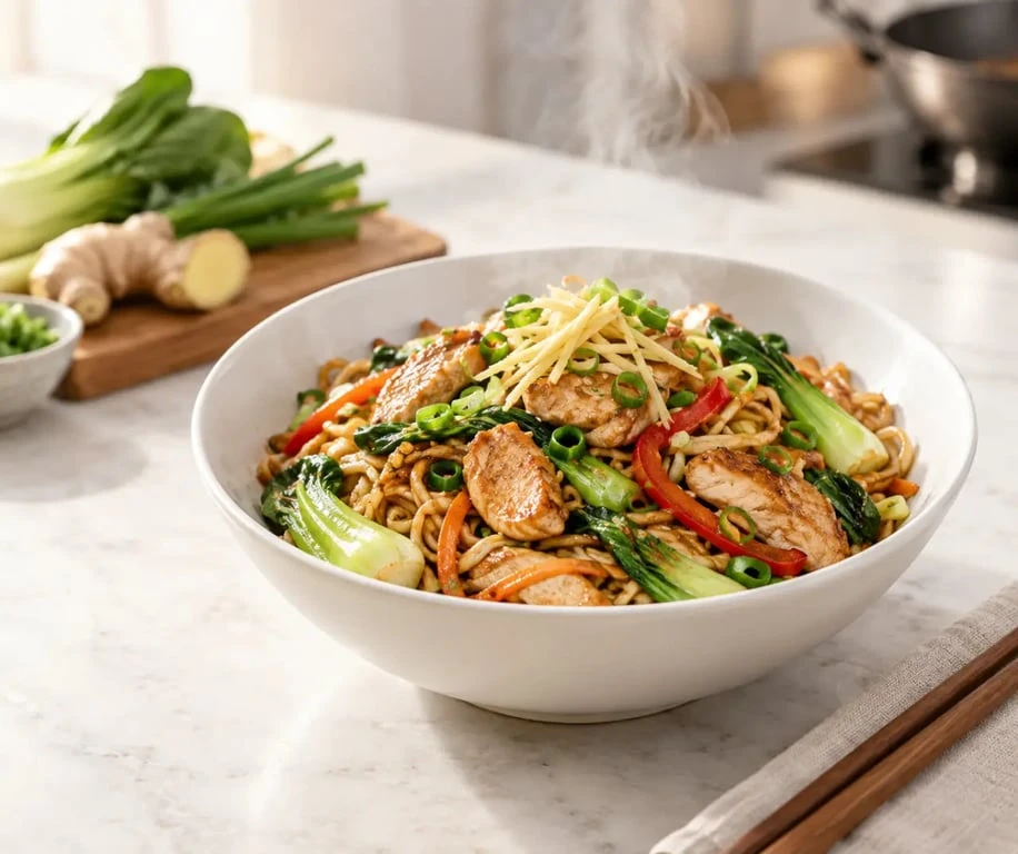 Recettes de cuisine chinoise traditionnelle : nouilles sautées au poulet et légumes