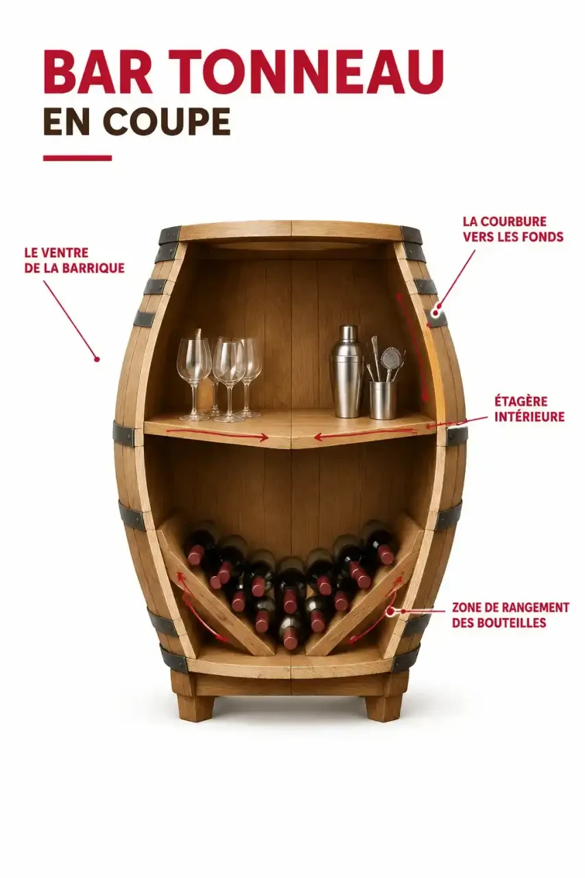 Schéma en coupe d'un bar tonneau en bois montrant le ventre de la barrique, l'étagère intérieure et le rangement des bouteilles