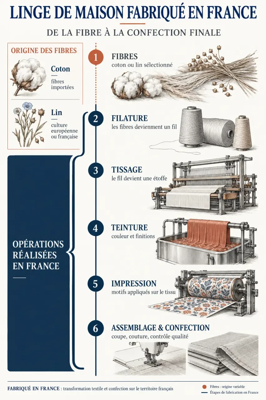 Parcours de fabrication du linge de maison fabriqué en France, de la fibre à la confection
