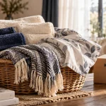 Kiabi linge de maison : gants et serviettes près d’un panier de linge