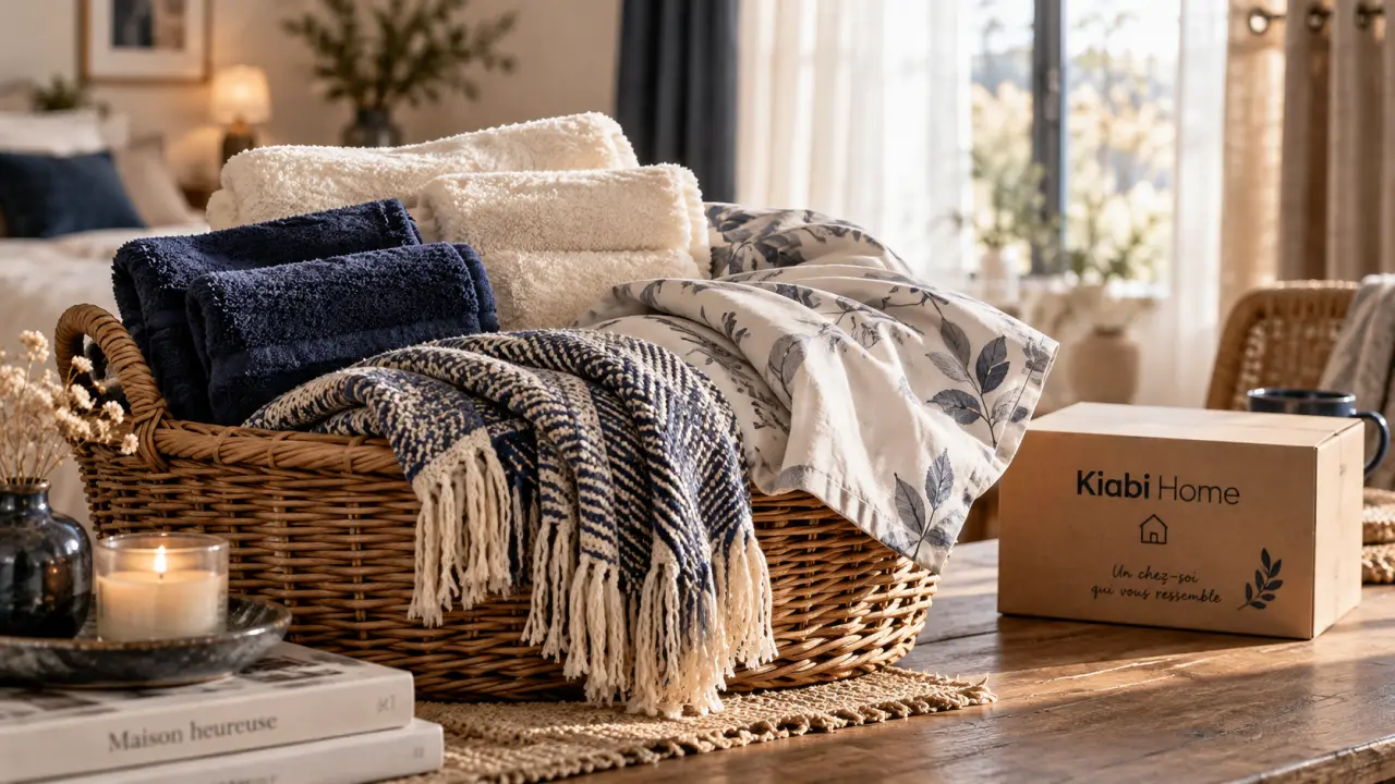 Kiabi linge de maison : gants et serviettes près d’un panier de linge