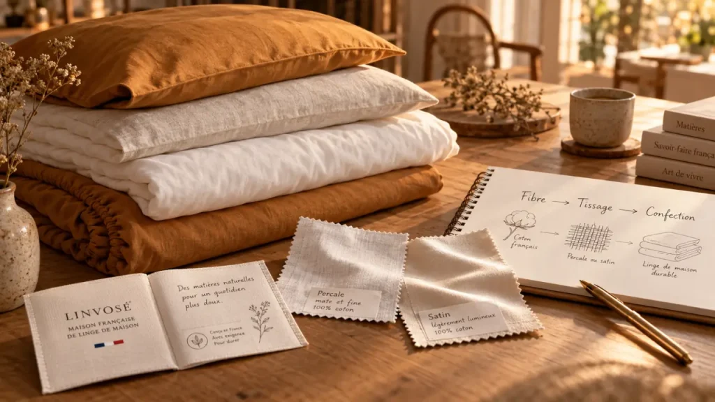 Linge de maison fabriqué en france : linge plié et étiquettes à comparer