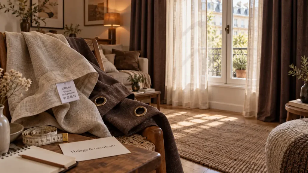 Linge de maison rideau : voilage beige et occultant choco pour fenêtre