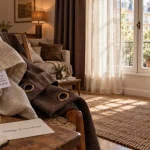 Linge de maison rideau : voilage beige et occultant choco pour fenêtre