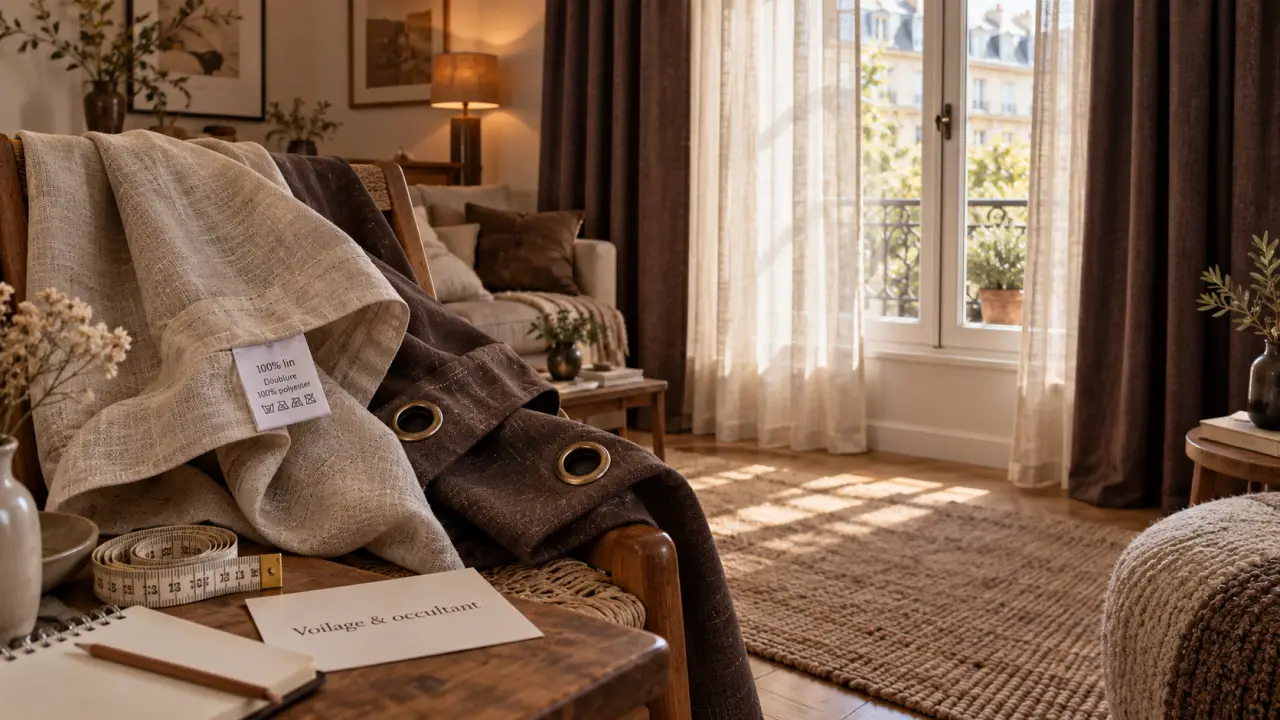 Linge de maison rideau : voilage beige et occultant choco pour fenêtre