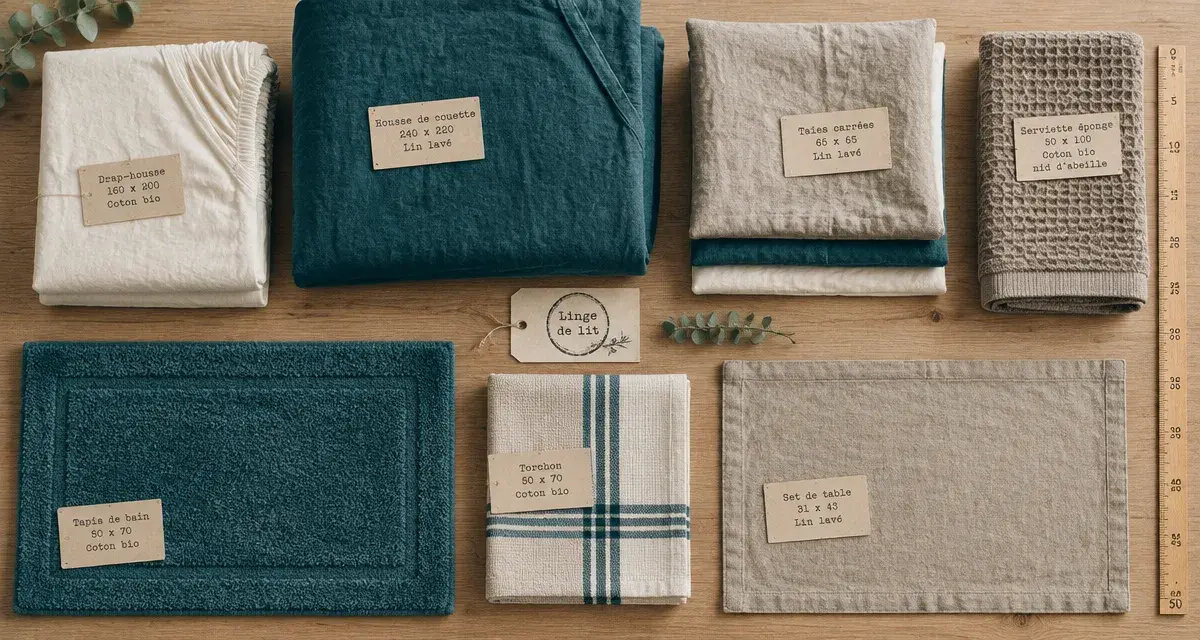 Monoprix linge de maison : dimensions linge de lit et bain (drap-housse, couette, serviette, tapis de bain).