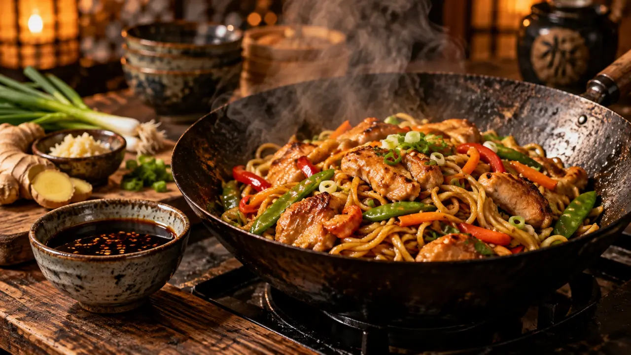 Recettes cuisine chinoise traditionnelle : wok fumant, nouilles sautées au poulet et légumes