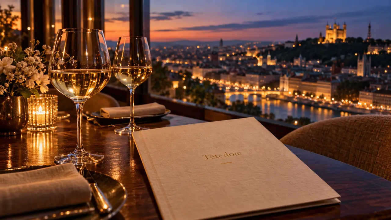 Restaurant gastronomique christian tetedoie : table lyonnaise, verres et menu au crépuscule